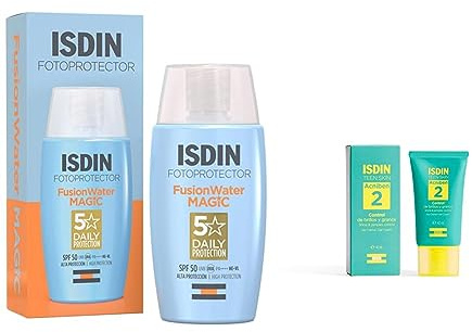 ISDIN Fotoprotección Fusion Water MAGIC SPF 50, Protector Solar Facial, 50ml + ISDIN ACNIBEN Gel Crema, Tratamiento para el Acne Facial Control de Brillos y granos, 40m