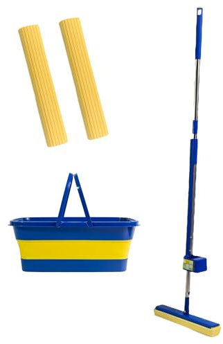 Space Mop 4-in-1: Scopa, Lavapavimenti, Lava e Asciuga Pavimenti - Pulizia Efficiente e Veloce, Adatta a Tutti i Tipi di Pavimenti (Set 2 Ricambi + Secchio Silicone + Filettatura, Blu)