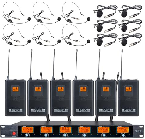 Tbaxo Frequency B Wireless Microphone System 6 Channel UHF 6 Lavalier 6 Bodypacks 6 Lapel Mic 6 Headsets 6 for Karaoke System Wedding Party Meeting School Church Speaking Conference Meeting Classroom
