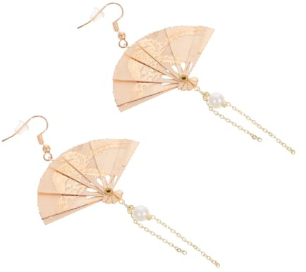 WRITWAA Foldable Fan Earrings for Women Long Dangle Pearl Accent Metal Alloy Chinese Style Creative Jewelry for Party and Daily Wear