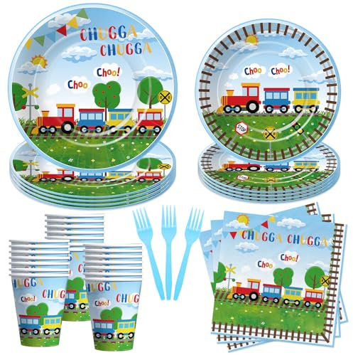 APOWBLS Train Birthday Plates And Napkins Party Supplies Dinnerware, Chugga Choo Train Birthday Decorations, Plate, Cup, Napkin, Fork | 24 Guest