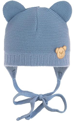 CiuchCiuch Baby Mütze Bär zum Binden mit Ohren - Wintermütze Erstlingsmütze Bindebänder - Acryl Baumwollfutter Neugeborenen 0-24 Monate - Ergonomische Zweilagige Strickmütze