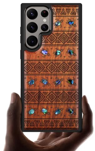 Carveit Designer Wooden Case for Samsung Galaxy S24 Ultra Case [Wood Engraving & Shell Inlay] Compatible with Wireless Chargers S24 Ultra Case (Sami Turtles-Red Wood)