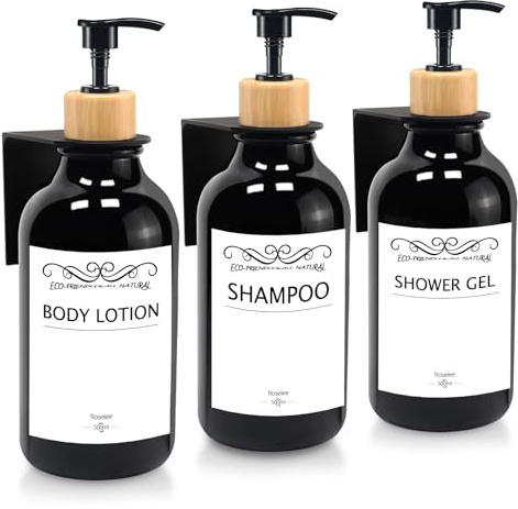 3er Seifenspender Wandbefestigung Set 500ml Seifenspender Wand Schwarz Seifenspender Dusch Ohne Bohren Kunststoff Pumpspender mit Trichter und Wasserdichten Etiketten für Küche Bad