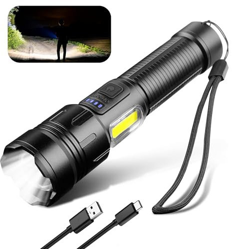 AiQInu Taschenlampe Led aufladbar 10000 Lumen, COB Sehr Helle Taschenlampe, Taschenlampe Usb, 4 Lichtmodi, zoombare, IPX4 wasserdicht für Camping, im Freien