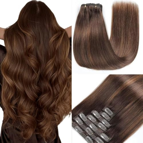 GUDOZO clip in extensions echthaar Dunkelbraun mit Kastanienbraun 7pcs 35cm 80g Echthaar extensions clip Nahtlose Echthaar Clip-In Volumen Damen