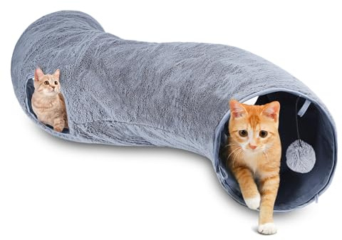 Nobleza Tunnel per Gatti in Peluche Morbido, Tunnel Gatto di Forma a S con 2 Entrate e 1 Palla Appesa- Gioco Interattivo Pieghevole per Inseguimenti Indoor, L108 cm x Ø25 cm