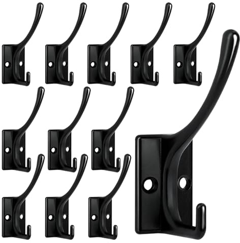 Homanu 12 Pack Coat Hooks, Heavy Duty Coat Hooks Wall Mounted with 24 Screws, No Rust Double Hooks Black Wall Hooks for Hanging Towel, Coat, Scarf, Bag, Hat, Cup, Key