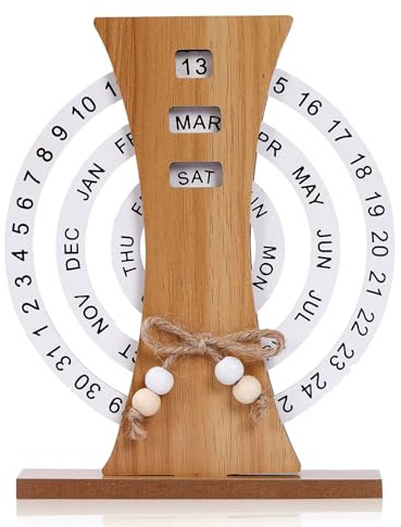 Habbiful Wooden Perpetual Desk Calendar for Easter Teacher Appreciation Gifts Vintage Wooden Disc Calendar Manual Rotating Wooden Block Calendar for Desk Home Office