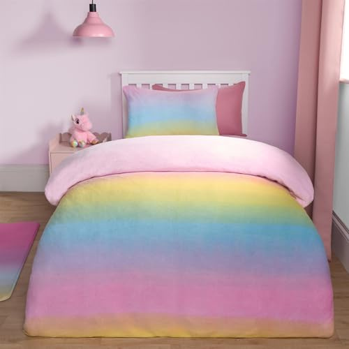 OHS Double Fleece Duvet Set Rainbow Ombre, Super Soft Teddy Fleece Fabric Luxurious Cheerful Design Christmas Double Fleece Duvet Cover with 2 Pillowcases, Multi