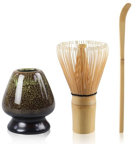 4Pcs Matcha Tea Set With Whisk, Spoon and Holder for Traditional Tea Ceremony - Gift Set (Green)