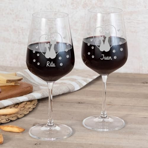 Pack 2 COPAS DE VINO personalizadas con estuche modelo GATITOS. Regalo para enamorados, aniversarios y ocasiones especiales. Ideal para SAN VALENTÍN. Regalos personalizados. Regalos TPMAS