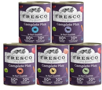 FRESCO Dog NassBarf PROBIERPAKET 5 x 800g | Hundefutter Nass getreidefrei aus Pferd, Lamm, Rind, Huhn & Pute | Mono-Protein & 80% Frischfleisch | Nassfutter für Hunde | Aus Deutschland