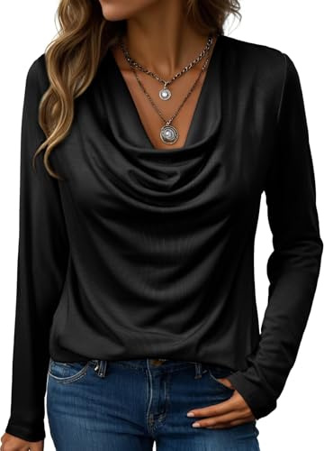 EVALESS Womens Tops Spring Long Sleeve Cowl Neck Shirts for Women Black Draped Shirts Professional Teacher Outfits for Work Office Formal Business Casual Outfits Loose Fitted, Large