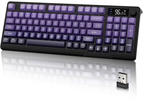 M96 Dual-Mode-Wireless-Gaming-Tastatur mit 2,4G & BT5.0, QWERTY Semi-mechanical 90%-Membrantastatur mit Display & Knopf, Rainbow Backlit, 94 Tasten Farbverlauf PBT-Tastenkappe, 3000mAh,PC/Mac - Lila