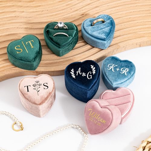 Kenon Personalisierte Herz-Samt-Ringbox, individuelle Ringschatulle mit doppeltem Schlitz, Verlobungsringhalter, Antrag, Hochzeitsringträger