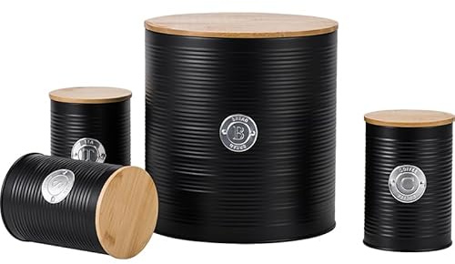 EHC Set of 4 Tea, Sugar, Coffee & Bread Bin Canisters Set, Kitchen Storage Jars with Lids Airtight, Containers Canisters Jars Set of 4, Black