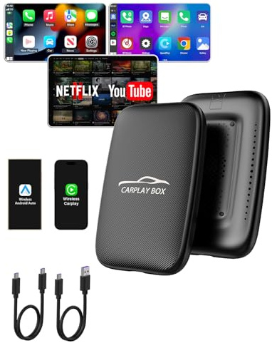 Adaptador inalámbrico Carplay 2025 Ai Box para iPhone y Android Auto con Netflix YouTube soporta tarjeta TF Dongle Plug and Play, fácil configuración, caja de entretenimiento de video Carplay para iOS