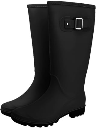 Stivali di gomma da donna, impermeabili, a gambo lungo, antiscivolo, eleganti galosce con fibbia laterale, in gomma, per esterni, resistenti all'usura, da trekking, larghe scarpe da lavoro, Nero , 38