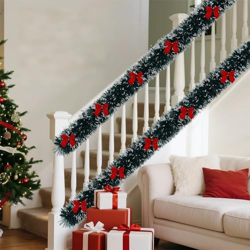 UISEBRT 10M Künstliche Weihnachtsgirlande mit 28 roten Schleifen,Weihnachten Girlande Tannengirlande Dekogirlande für Weihnachtsbaum Partyzubehör Garten Hochzeit Decken Kamin Treppe Deko,Dunkelgrün