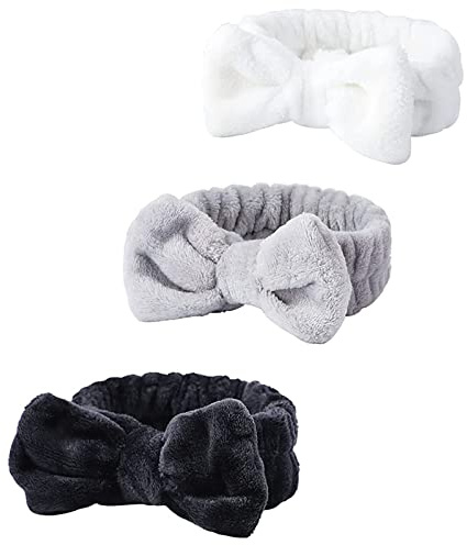 Bandeau Maquillage Femme, Peluche Bandeaux pour Soin Visage, Serre Tete Spa, Extensible Bandeau Skincare pour Femme (Noir + Blanc + Gris)
