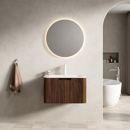 REXO Mueble de baño de 60 cm con travertino roma, piedra sinterizada curvada en caliente, armario de madera contrachapada a rayas con cajón, color nogal
