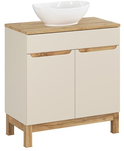 Lomadox Badezimmer Waschtisch 80 cm in Kaschmir und Eiche mit Aufsatzwaschbecken, stehend, modern, grfflos
