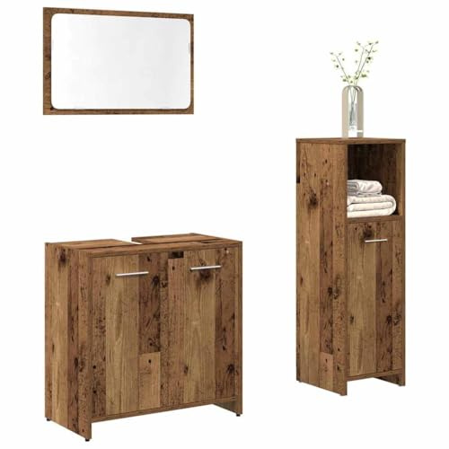 QZZCED Juego de Muebles de Baño 3 Piezas en Madera de Ingeniería Envejecida con Mueble Superior y Amplio Almacenamiento, Estable y Resistente a la Humedad, Fácil de Limpiar, Incluye