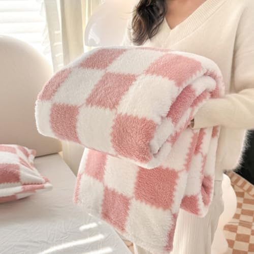 Hixingo Coperta Pile di Flanella Letto Singolo Matrimoniale Motivo a Quadri Patchwork, Plaid Invernale Morbida e Calda Coperta per Divano, Viaggio, Ufficio, Tutte le Stagioni (Rosa,180x220cm)