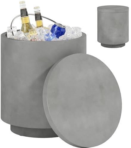 HOMCOM Table basse multifonction 3 en 1 avec seau à glace amovible de 10 L et couvercle, table d'extérieur en acier inoxydable et ciment, Ø37,5 x 43,5 cm, gris clair