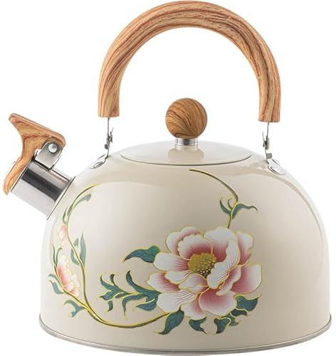 DMJJSD Whistling Kettle, 2.7 Quart Stove Top Kettle for Gas Hob with Anti-Hot Wood Pattern Handle Food Grade Stainless Steel Stovetop Kettles- Whistling Teapot Induction Kettles (Color 2)