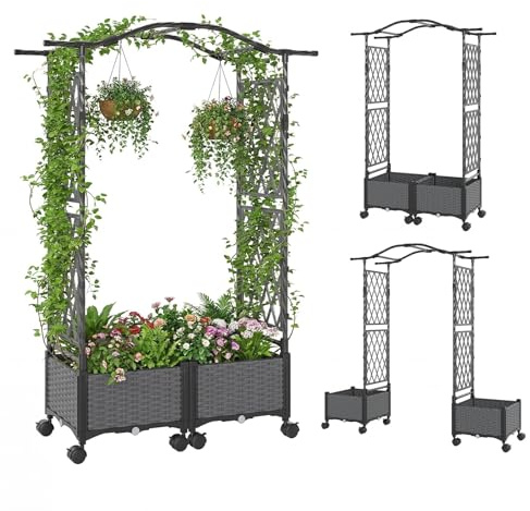 FANTASK 2 in 1 Rosenbogen mit 2 Blumenkasten auf Rollen, Pflanzkasten mit Rankgitter & hängendem Dach, Gartenbogen aus Metall und PP, Rankkasten mit Spalier für Kletterpflanzen, Gartenspalier (Grau)