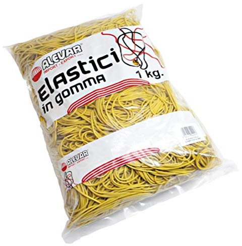 Alevar Elastici in Gomma da Ufficio, Diametro 80 mm, Spessore 1,5 mm, Colore Giallo, Confezione in Busta da 1 kg