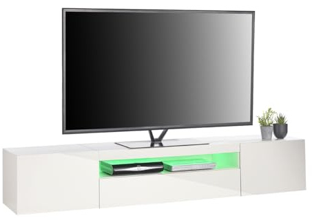 MMT Furniture Designs Ltd TV Console, Television Stands 78 Long White 70 Inch TV Stand with LED Lights, 3 Storage Cabinets Soundbar Shelf 90 Inch TVs