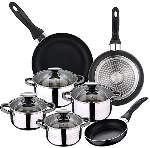 San Ignacio Juego de Sartenes y Batería de Cocina, Aluminio, Negro Oscuro, Acero Inoxidable, 4 cuerpos + 3 sartenes