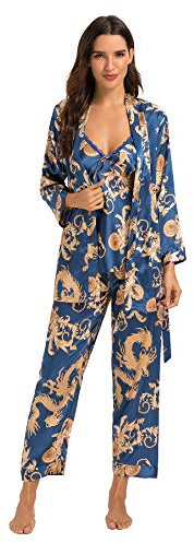 Escalier Women's Silk Satin Pajamas Set 3 Pcs Floral Silky Pj Sets Sleepwear Cami Nightwear with Robe and Pants Navy M