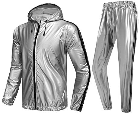 MulYeeh Svettdräkt för viktminskning, halkfri, slitstark, genomgående dragkedja, bastudräkt, fitness, träning, topp med huva för kvinnor och män, silver, medium