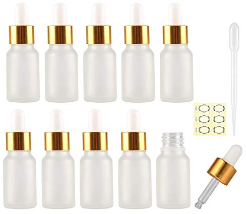 Alledomain 10Pcs, 10ml Frosted Glass Bottles with Dropper Pipettes, Mini Empty Dropper Bottles Golden Aluminum Alloy Cap Refillable Sample Container for Essential Oils/Massage Oils/Chemical Liquid