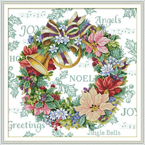 YEESAM ART Kit per ricamo a punto croce, per adulti, principianti, bambini, ghirlanda natalizia con campana, 11 CT 69 x 68 cm, prestampato per il fai da te (Natale)