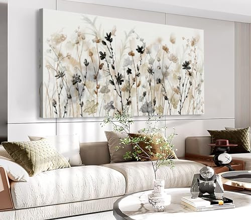 Abstract Floral Canvas Wall Art Grey Cream White Grass Flowers Canvas Pictures Modern Landscape Painting Botanic Artwork for Living Room Bedroom Kitchen Office Wall Decor Ready to Hang 20 x 40