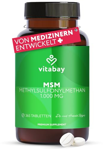Vitabay MSM Tabletten Hochdosiert - 365 MSM Tabletten Hochdosiert Vegan | Pulver 2000 pro Tagesdosis - Schwefel Gelenkskapseln - Pflanzliche Kapseln 2000