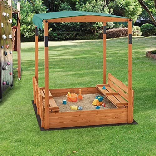 [en.casa] Sandkasten Kellenhusen mit höhenverstellbarem Dach 145 x 118 x 118 cm Sandkiste mit Abdeckung Sandbox mit 2 klappbaren Sitzbänken und Bodenfolie Tannenholz Natur