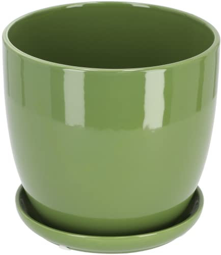 Kotarbau® - Vaso da fiori in ceramica per piante con vassoio antigoccia, diametro da 13 cm, colore verde