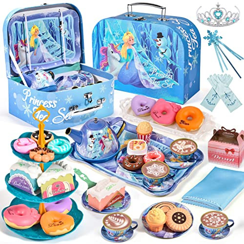 Toddlers Tea Set Frozen Toys Gifts for Girls 3 4 5 6 7 Years Frozen Elsa Tin Tea Party Set & Luxury Food Playset & Carry Case Princess Tea Time Kitchen Pretend Play Toys Princess Gift for Kids Girls