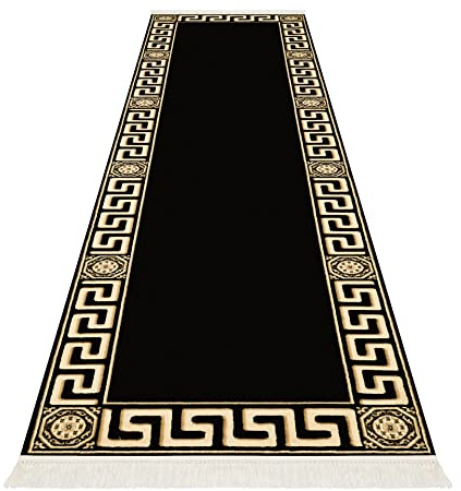 Premium Flur Teppich Läufer Teppichläufer Flur Schlafzimmer Küche Maänder Muster Kurzflor in Schwarz Gold mit Fransen - Mäander Design Antirutsch K-Seidenglanz 100% Viskose Öko Tex - 80x300 cm