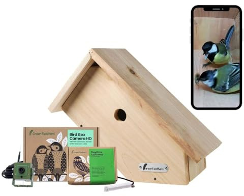 Green Feathers WiFi 1080p HD Birdbox Camera with Side View Birdbox, Recording and Night Vision, Garden Wildlife Camera for Bird Watching on Phone & Tablet (Starter Pack, UK Power Supply)