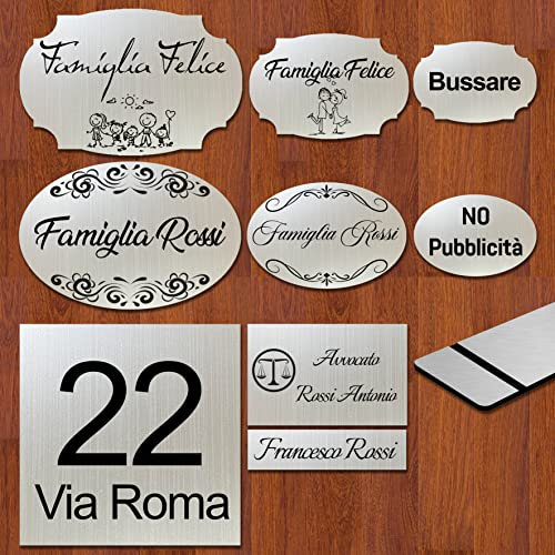Targa per porta ingresso personalizzabile con nome o indirizzo targhetta fuoriporta di varie forme e misure in laminato plastico personalizzata a laser colore argento spazzolato