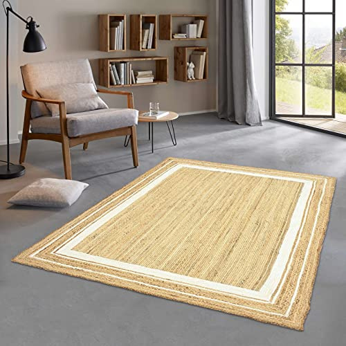 Taracarpet Jute Teppich Sisal Optik mit Bordüre Kurzflor Boho modern für Wohnzimmer Schlafzimmer nachhaltig Natur-Teppich weiß 080x150 cm