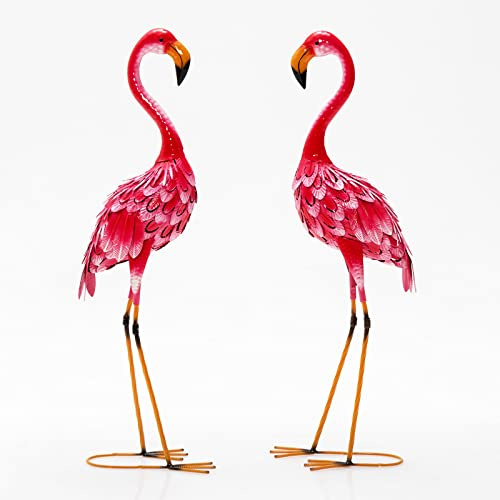 COSTWAY 2er Set Flamingo Gartenstatuen, Gartenfigur aus Metall, Outdoor Skulptur Hofkunst, Flamingo-Dekoration für Terrasse Rasen Hinterhof, Gartendeko Teichfigur, Metallfigur Rosa
