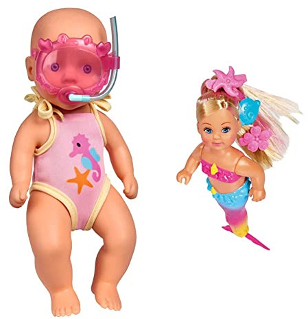 Simba 105030172 - New Born Baby Badepuppe, 30cm, ab 3 Jahren & Simba 105733318 - Evi Love Swimming Mermaid, Evi als Meerjungfrau, kann richtig Schwimmen, mit Fischfigur, 12cm, ab 3 Jahren